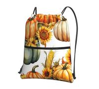JIUFOTK Zaino casual con coulisse a tema girasoli, zucche e mais, con tasca con cerniera, ideale per la palestra e l'uso quotidiano.