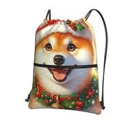 JIUFOTK Zaino casual natalizio con coulisse e tasca con cerniera per esterni, ideale per la palestra e l'uso quotidiano, perfetto per le attività all'aperto con motivo Shiba Inu.