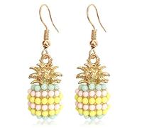 JIUIQL Graziosi orecchini pendenti a forma di ananas in oro 14 k con cristalli scintillanti e perle colorate a forma di ananas, orecchini da donna hawaiani per vacanze in spiaggia e feste pendenti con