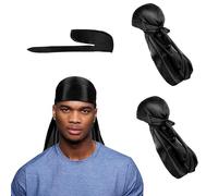 Jiujuda9 2 pezzi Silky Durag Men Durag nero per uomini e donne, bandana pirata da uomo per Waves trecce ricci, per Do Rags Silk Du Rags con coda lunga