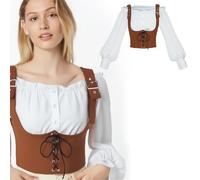 JIULINGHOU Camicia medievale monospalla da donna, corsetto rinascimentale, maniche corte con volant e cinturino in denim, set da due pezzi