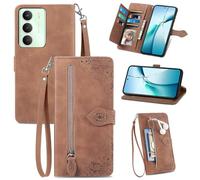 JIUNINE Cover a Libro per Realme C71 / Realme C75 / Realme 14x, Marrone | Custodia Portafoglio in Pelle Sintetica, Stampa Floreale, Portacarte, Tasca con Zip, Chiusura Magnetica, Supporto