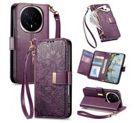 JIUNINE Cover per Honor Magic8 Pro 5G, Custodia Libro PU Pelle Antiurto Portafoglio Donna, Slot per Carte, Stand Regolabile, Chiusura Magnetica, Motivo Floreale con Foglie in Rilievo, Viola