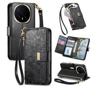 JIUNINE Cover per Honor Magic8 Pro 5G, Custodia Libro PU Pelle Antiurto Portafoglio Donna, Slot per Carte, Stand Regolabile, Chiusura Magnetica, Motivo Floreale con Foglie in Rilievo, Nero