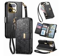 JIUNINE Cover per Realme 16 Pro Plus 5G, Custodia Libro PU Pelle Antiurto Portafoglio Donna, Slot per Carte, Stand Regolabile, Chiusura Magnetica, Motivo Floreale con Foglie in Rilievo, Nero