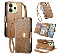 JIUNINE Cover per Redmi Note 14 5G / Poco M7 Pro 5G, Custodia Libro PU Pelle Portafoglio, Slot per Carte, Stand Regolabile, Chiusura Magnetica, Motivo Floreale con Foglie in Rilievo, Marrone