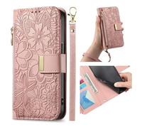 JIUNINE Cover per XIAOMI Poco X8 Pro, Custodia Libro PU Pelle Antiurto Portafoglio Donna, Slot per Carte, Stand Regolabile, Chiusura Magnetica, Motivo Floreale con Foglie in Rilievo, Rosa