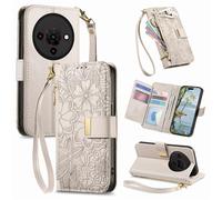 JIUNINE Cover per ZTE Blade A76 5G, Custodia Libro PU Pelle Antiurto Portafoglio Donna, Slot per Carte, Stand Regolabile, Chiusura Magnetica, Motivo Floreale con Foglie in Rilievo, Bianco