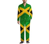 JiuPopular Biancheria da notte da uomo, set pigiama scozzese nero, camicia a maniche lunghe con bottoni e pantaloni, Bandiera della Giamaica Art Design, L