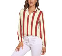 JiuPopular Camicetta da donna, camicia a maniche lunghe con lupo grigio, camicia con bottoni per feste di lavoro, Strisce rosse e crema, 3XL