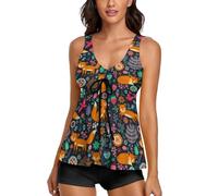 JiuPopular Costumi da bagno da donna, graziosa sciarpa Fox Tankini da donna con pantaloncini, costumi da bagno per surf, immersioni, Carino volpe floreale, 4XL