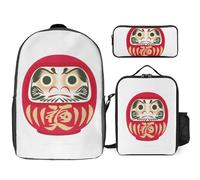 JiuPopular Set 3 in 1 zaino combinato, Fortune Daruma, bulldog francese, 43 cm, zaino + borsa per il pranzo + astuccio
