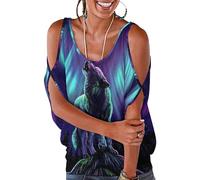 JiuPopular Top da donna, top da donna con motivo balena e faro, con spalle scoperte, per lavoro e ufficio, Lupi urlano all'aurora del Nord, L