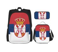 JIUTY Bandiera della Serbia, 3 pezzi, zaino da 40,6 cm, per la scuola, con portapranzo, grandi zaini per la scuola elementare, Nero , Taglia unica, Set di zaini per la scuola