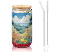 JIUTY Bicchieri con coperchio e cannuccia in vetro, con stampa di acquerelli di erbe e fiori, 1 pezzo da 473,6 ml, bicchieri da birra e caffè