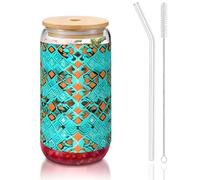 JIUTY Bicchieri con coperchio e cannuccia in vetro, con stampa di meraviglie turchesi, 1 pezzo da 473,6 ml, bicchieri da birra e caffè