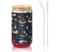 JIUTY Bicchieri con coperchio e cannuccia in vetro, con stampa di pirati nautici, 1 pezzo da 473,6 ml, bicchieri da birra e caffè