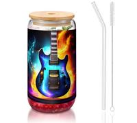 JIUTY Bicchieri magici con stampa di chitarra elettrica con coperchi e cannuccia di vetro, 1 tazza di vetro da 453,6 g, bicchieri da birra e caffè