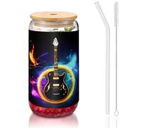 JIUTY Bicchieri magici con stampa di chitarra elettrica, con coperchio e cannuccia di vetro, 1 tazza di vetro da 473,6 ml, bicchieri da birra e caffè
