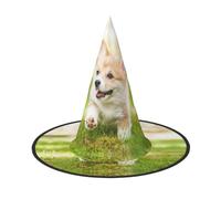 JIUTY Cappellino da strega con stampa di cuccioli di Corgi, 2 pezzi, per cosplay, feste di Halloween, accessorio per costume da strega per feste di Halloween