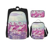 JIUTY Flock of Red Flamingos On The Beach 3 pz Zaino 40,6 cm Scuola Bookbag con Lunch Box Large Zaini per scuola elementare prescolare, Nero , Taglia unica, Set di zaini per la scuola