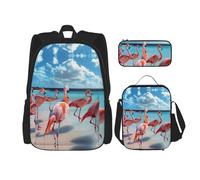 JIUTY Flock of Red Flamingos On The Beach 3 pz Zaino 40,6 cm Scuola Bookbag con Lunch Box Large Zaini per scuola elementare prescolare, Nero , Taglia unica, Set di zaini per la scuola