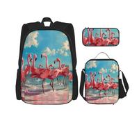 JIUTY Flock of Red Flamingos On The Beach 3 pz Zaino 40,6 cm Scuola Bookbag con Lunch Box Large Zaini per scuola elementare prescolare, Nero , Taglia unica, Set di zaini per la scuola
