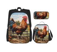 JIUTY Gallo su legno in terreno agricolo, 3 pezzi, 40,6 cm, borsa per libri scolastici con portapranzo, grandi zaini per scuola elementare prescolare, Nero , Taglia unica, Set di zaini per la scuola