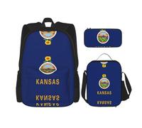 JIUTY Kansas State Flag 3 pz Zaino 40,6 cm Scuola Bookbag con Lunch Box Grande Zaini per scuola elementare Prescolare, Nero , Taglia unica, Set di zaini per la scuola