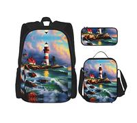 JIUTY Lighthouse Diamond Painting 3 pz Zaino 40,6 cm Scuola Bookbag con Lunch Box Grandi Zaini per Scuola Elementare Prescolare, Nero , Taglia unica, Set di zaini per la scuola