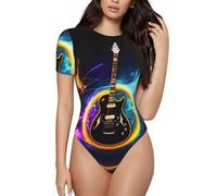 JIUTY Magia Chitarra Elettrica Musica Collo Tute Per Le Donne Manica Corta Body Suits Base Top Casual