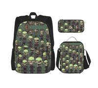JIUTY Many Zombies - Zaino per libri scolastici da 40,6 cm, 3 pezzi, con scatola per il pranzo, grandi zaini per la scuola elementare, Nero , Taglia unica, Set di zaini per la scuola