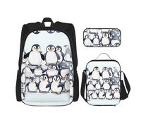 JIUTY Molti simpatici pinguini schizzo 3 pz zaino 40,6 cm scuola libreria con scatola pranzo grandi zaini per scuola elementare prescolare, Nero , Taglia unica, Set di zaini per la scuola