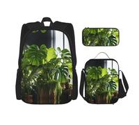 JIUTY Monstera Deliciosa Banana Palm 3 pz Zaino 40,6 cm Scuola Bookbag con Lunch Box Grandi Zaini per Scuola Elementare Prescolare, Nero , Taglia unica, Set di zaini per la scuola