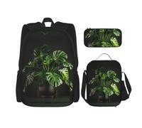 JIUTY Monstera Deliciosa Banana Palm 3 pz Zaino 40,6 cm Scuola Bookbag con Lunch Box Grandi Zaini per Scuola Elementare Prescolare, Nero , Taglia unica, Set di zaini per la scuola
