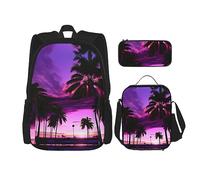 JIUTY Palme Viola Tramonto 3pcs Zaino 40,6 cm Scuola Bookbag con Lunch Box Grande Zaini per Elementare Prescolare, Nero , Taglia unica, Set di zaini per la scuola