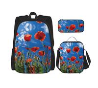 JIUTY Poppies On Blue Sky, 3 zainetti da 40,6 cm per la scuola, con portapranzo, grandi zaini per la scuola elementare, Nero , Taglia unica, Set di zaini per la scuola