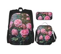 JIUTY Red Fresh Roses 3 pz Zaino 40,6 cm Scuola Bookbag con Lunch Box Grandi Zaini per Scuola Elementare Prescolare, Nero , Taglia unica, Set di zaini per la scuola