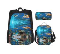 JIUTY Sea Turtles - 3 zainetti da 40,6 cm per la scuola materna con portapranzo, grandi zaini per scuola elementare, Nero , Taglia unica, Set di zaini per la scuola