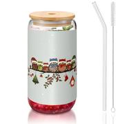 JIUTY Simpatici bicchieri natalizi con stampa di gufi su ramo con coperchio e cannuccia di vetro, 1 tazza di vetro da 473,6 ml, bicchieri da birra e caffè