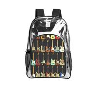 JIUTY Stampa di Chitarra Arte Trasparente Zaino di Sicurezza Pvc Scuola Bookbag Viaggio Tasca Frontale Rete Laterale Utility Moderna