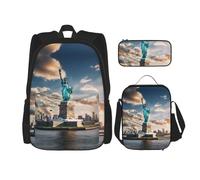 JIUTY Statua della Libertà a New York, 3 pezzi, 40,6 cm, borsa per libri scolastici con portapranzo, grandi zaini per la scuola elementare, Nero , Taglia unica, Set di zaini per la scuola