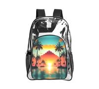 JIUTY Sunrise Tropical Palm Tree Island Print Clear Security Backpack Pvc Scuola Bookbag Viaggio Tasca Frontale Rete Laterale Utility Moderna