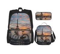 JIUTY Torre Eiffel Bike 3 pz Zaino 40,6 cm Scuola Bookbag con Lunch Box Grandi Zaini per Scuola Elementare Prescolare, Nero , Taglia unica, Set di zaini per la scuola