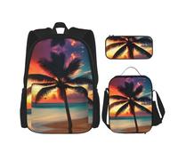 JIUTY Tropical Beach Palm Tree Sunset 3 pz zaino 40,6 cm scuola bookbag con scatola pranzo grandi zaini per scuola elementare prescolare, Nero , Taglia unica, Set di zaini per la scuola