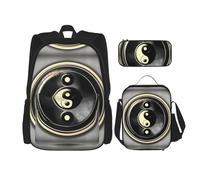JIUTY Yin Yang Pattern 3 pz Zaino 16 "Scuola Bookbag con Lunch Box Grandi Zaini per Scuola Elementare Prescolare, Nero , Taglia unica, Set di zaini per la scuola