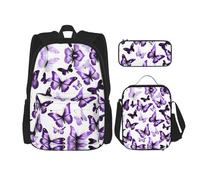 JIUTY Zainetto per libri scolastici da 40,6 cm con farfalle bianche e viola, 3 pezzi, grande zaino per scuola materna elementare, Nero , Taglia unica, Set di zaini per la scuola