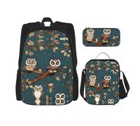 JIUTY Zainetto per libri scolastici da 40,6 cm con gufo sui rami degli alberi, 3 pezzi, grande zaino per scuola materna elementare, Nero , Taglia unica, Set di zaini per la scuola