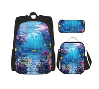JIUTY Zaini colorati a tema oceano, 3 pezzi, 40,6 cm, con scatola per il pranzo, grandi zaini per scuola elementare prescolare, Nero , Taglia unica, Set di zaini per la scuola