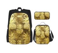 JIUTY Zaini da 40,6 cm con sfondo di ananas dorato, 3 pezzi, con scatola per il pranzo, grandi zaini per scuola elementare prescolare, Nero , Taglia unica, Set di zaini per la scuola